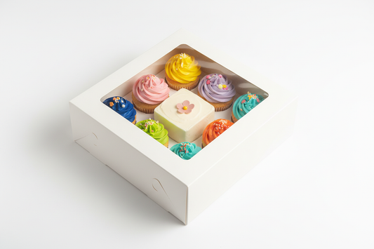 01 Bento Cake with 08 Cupcakes box. White Color Box. only on top of the box Transparent window