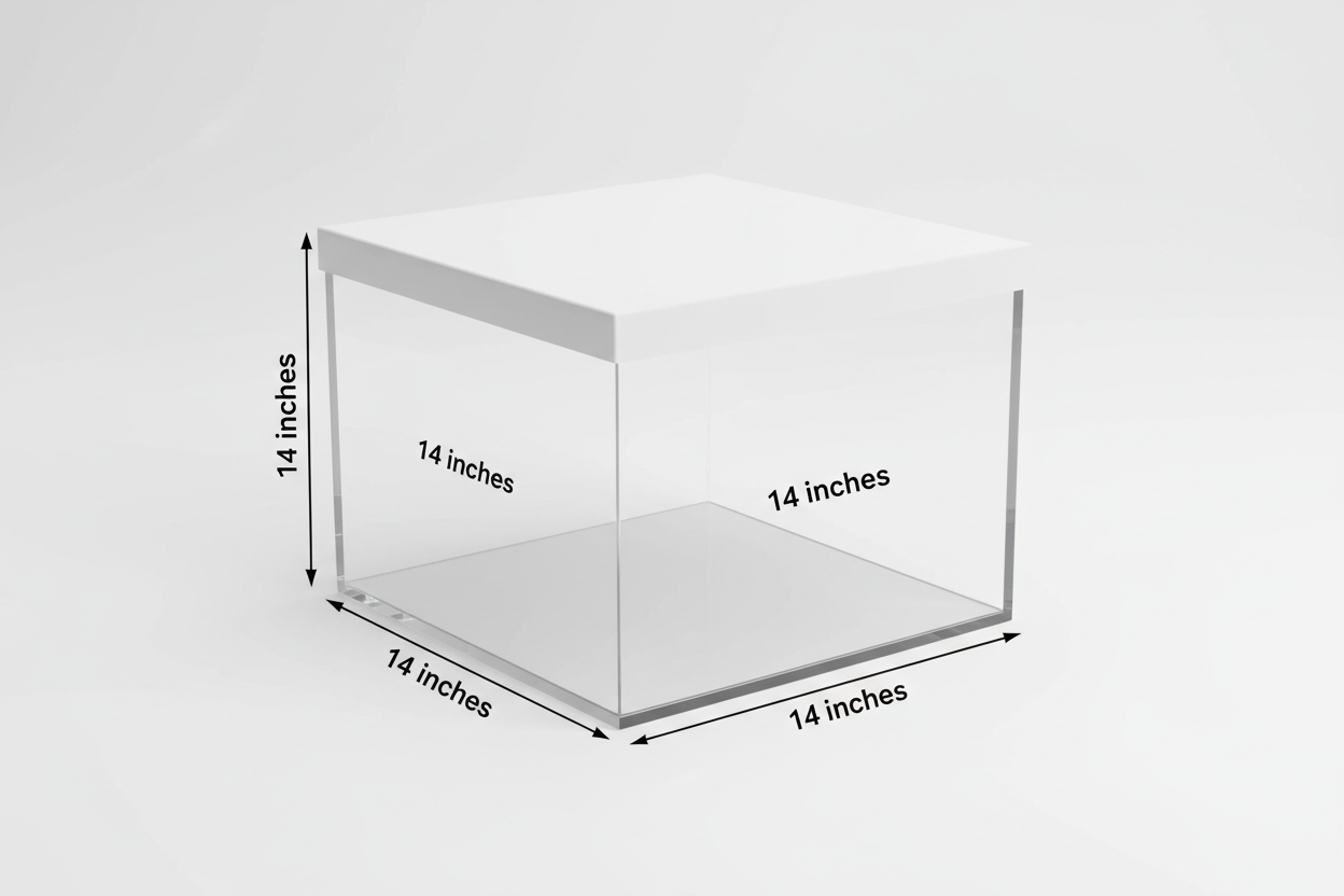 14"X14"X14" Clear Transparent Box. on the top & under the box covered with white card board lids. mention measurements