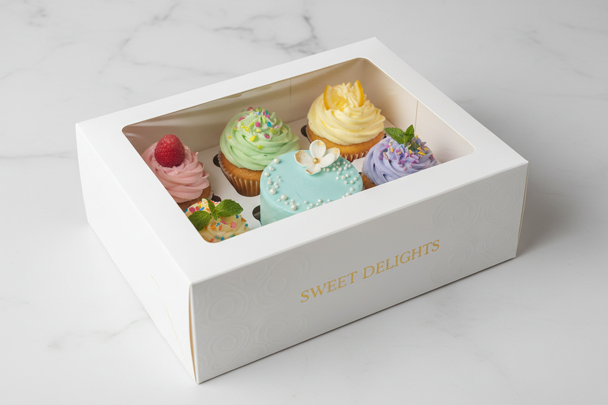 01 Bento Cake with 05 Cupcakes White Color Box. only on top of the box Transparent window