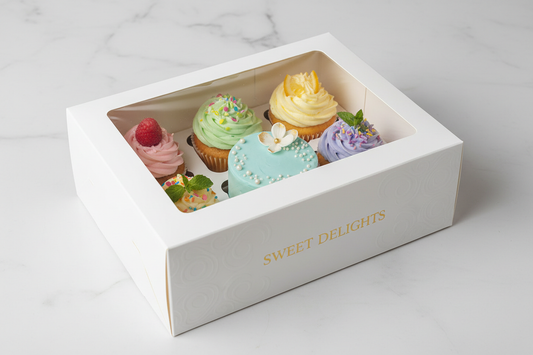 01 Bento Cake with 05 Cupcakes White Color Box. only on top of the box Transparent window