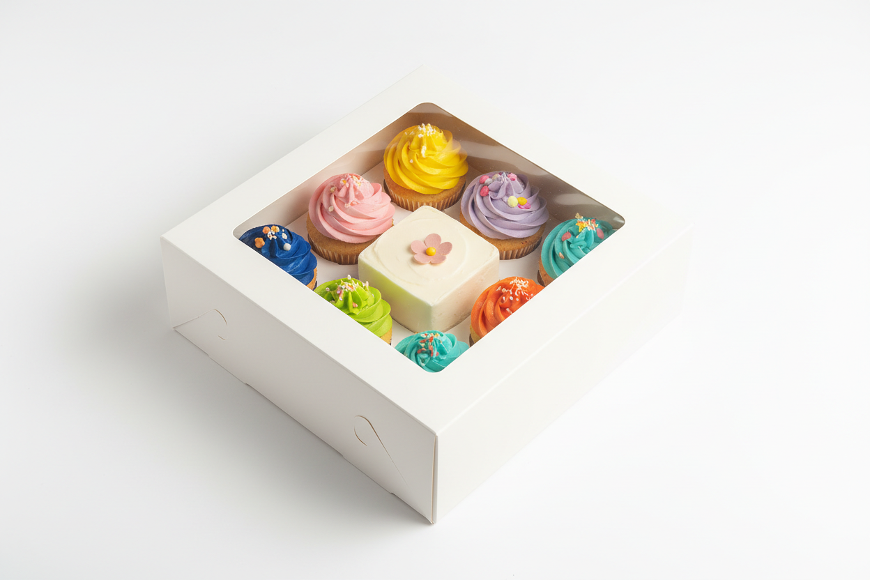01 Bento Cake with 08 Cupcakes box. White Color Box. only on top of the box Transparent window