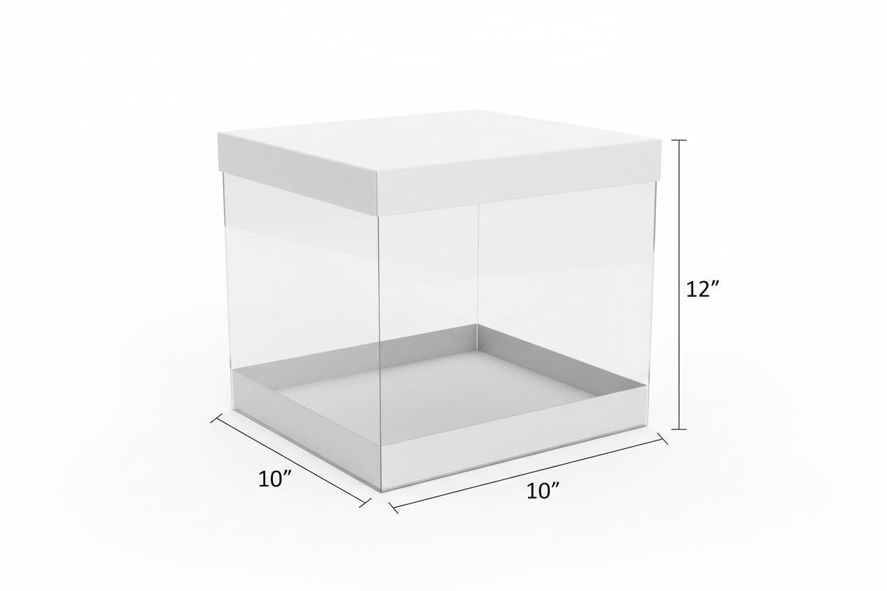 10X10X12 Clear Transparent Box. on the top & under the box covered with white card board lids.