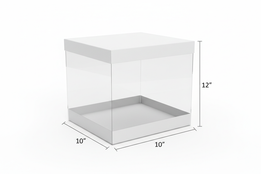 10X10X12 Clear Transparent Box. on the top & under the box covered with white card board lids.