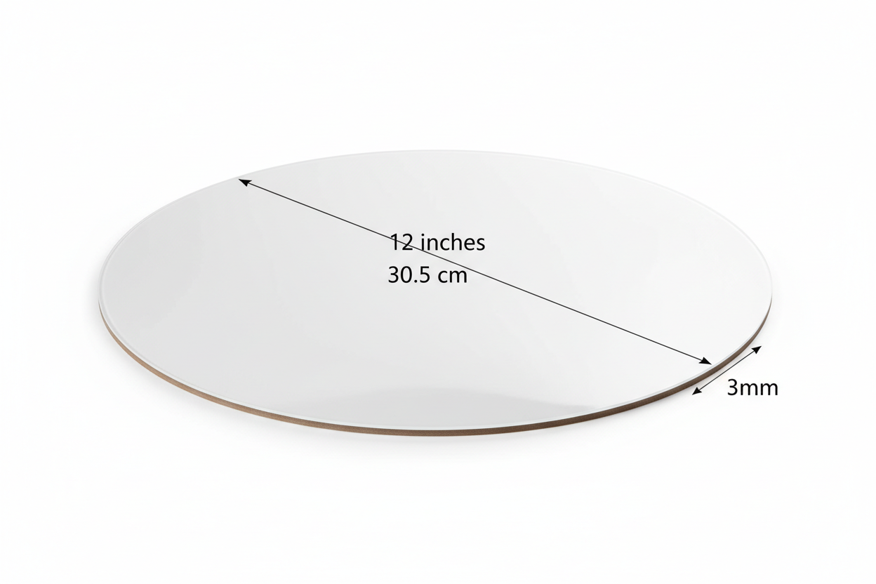 12" Circle Super finish 3mm thickness White color cake board. mention measures 