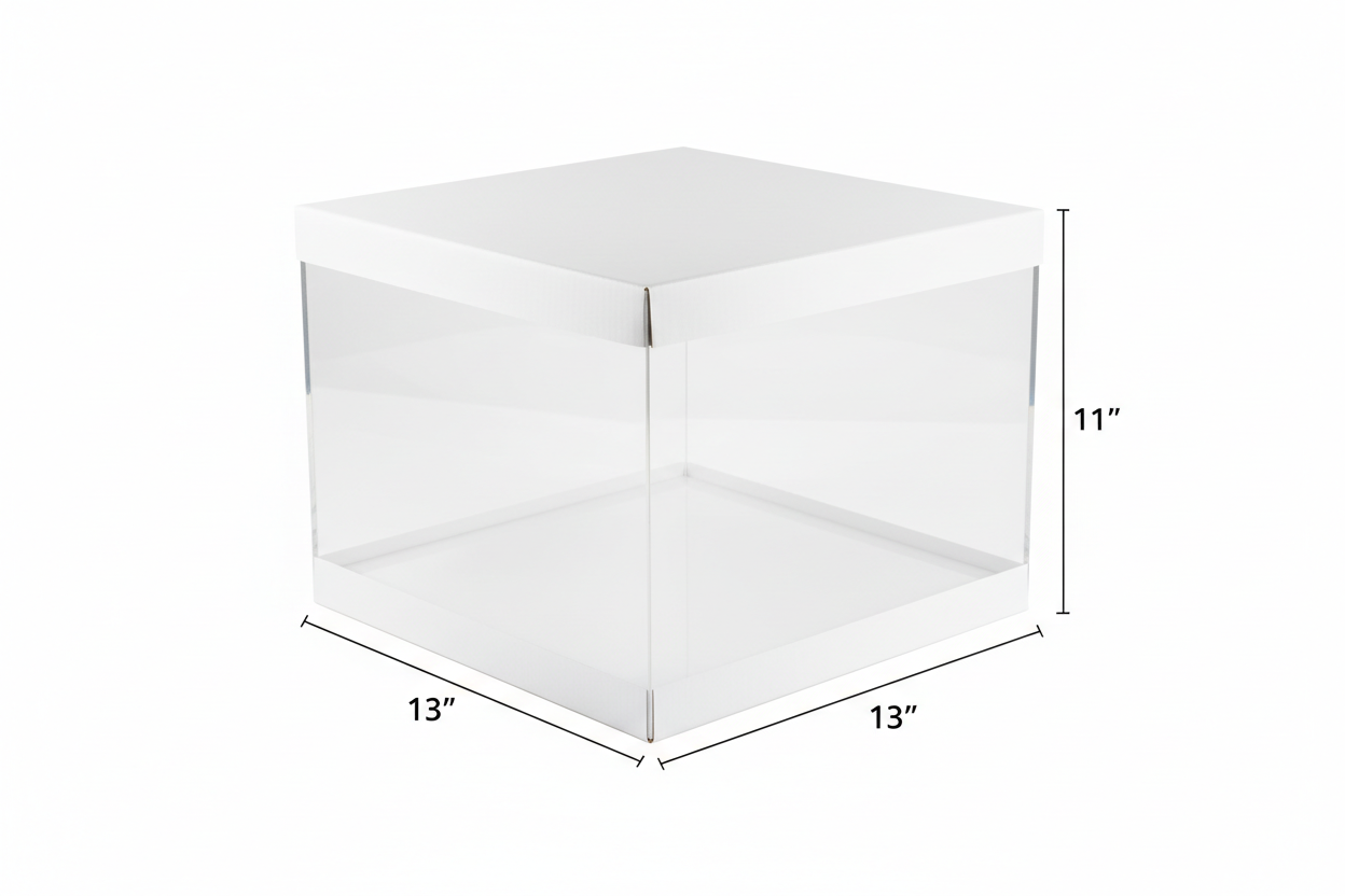 13"X13"X11" Clear Transparent Box. on the top & under the box covered with white card board lids. mention measurements  