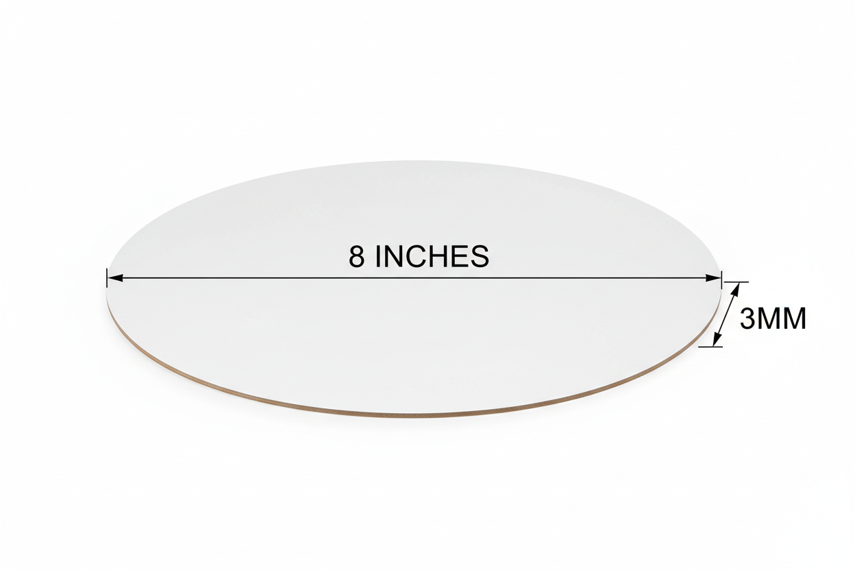 8" Circle Super finish 3mm thickness White color cake board. mention measures 