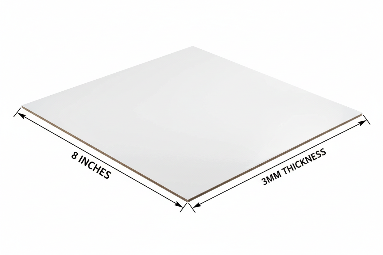 8x8 Super finish 3mm thickness White color cake board. mention measures 