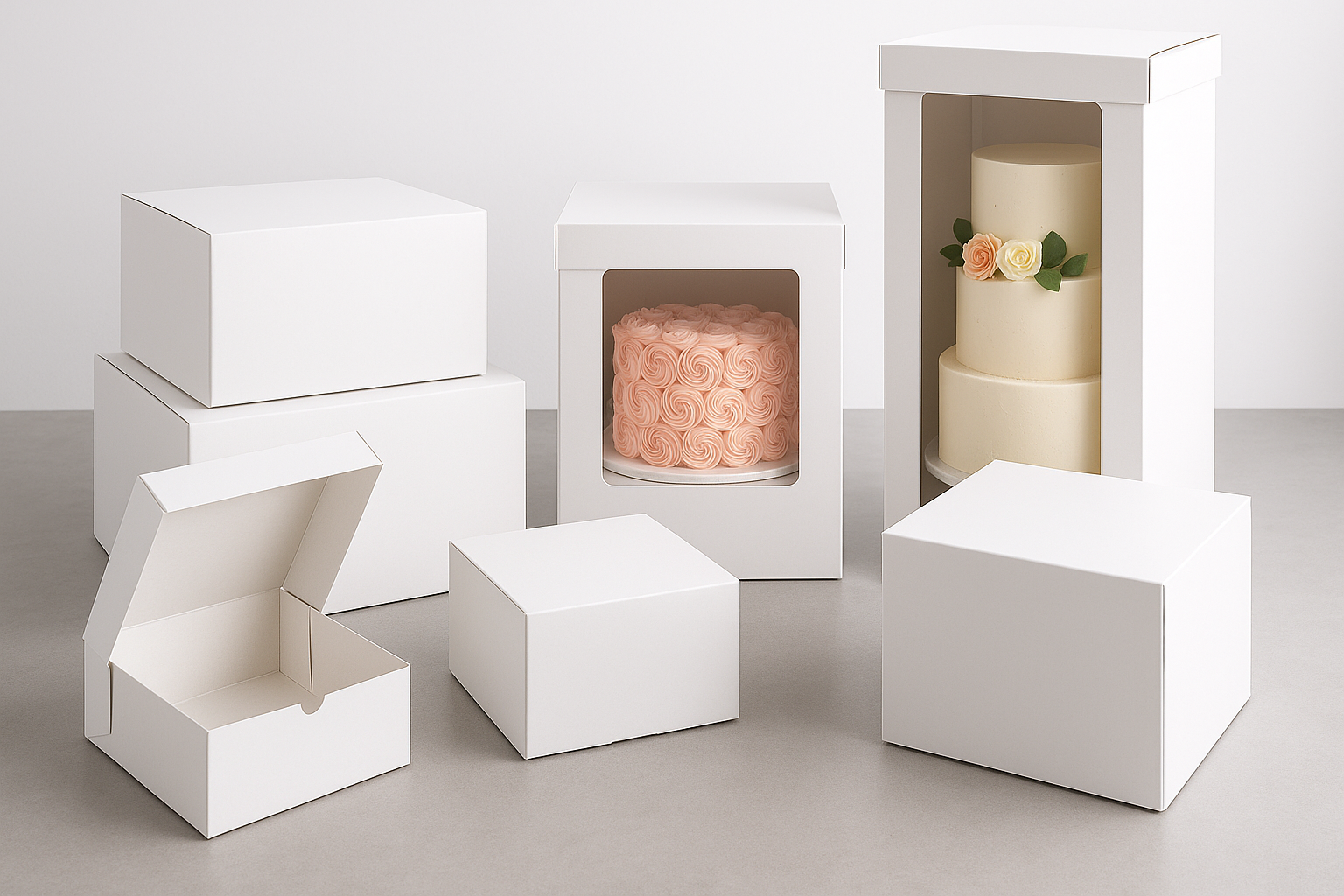 Find the perfect packaging for every cake with our comprehensive collection of Cake Boxes. We offer everything from basic 4-inch boxes for single-layer cakes to heavy-duty, extra-tall boxes with windows for multi-tiered showstoppers. Designed for security and presentation, our boxes ensure your cakes are protected during transport and arrive with a clean, professional finish.

