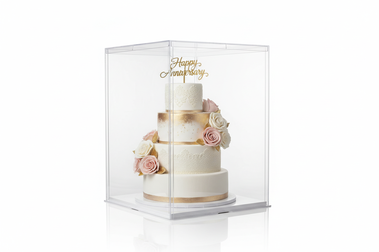 Give Your Cakes the Spotlight They Deserve.

Present your masterpiece without compromising protection! These ultra-modern transparent boxes offer a stunning, 360-degree view of your creations, instantly elevating your professionalism. Perfect for showcasing tall, intricate celebration cakes, florals, or detailed toppers.

Designed for High-Impact Presentation:

Crystal Clear Walls: Made from durable, transparent plastic film to provide maximum visibility and a high-end look.
