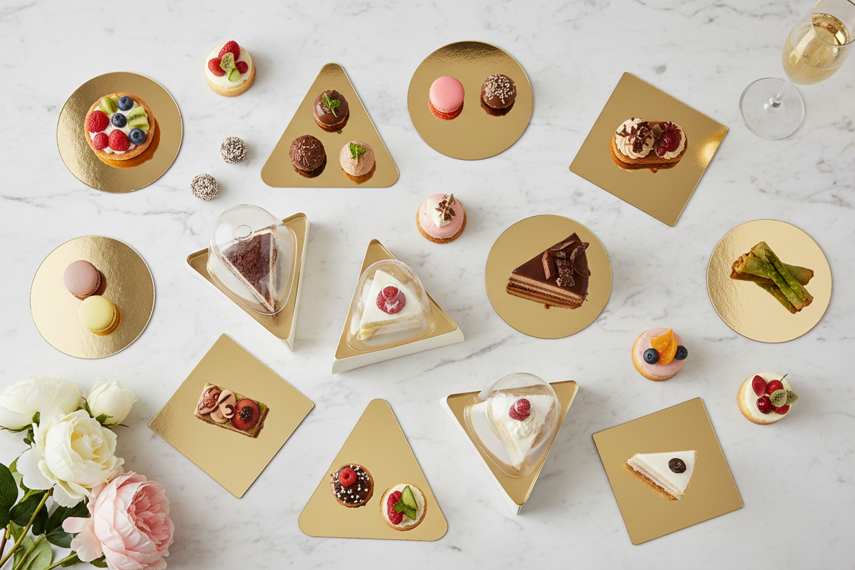 Mini Gold Boards: Showcase individual desserts, pastries, and appetisers with our dazzling mini round, square, and triangle gold boards. Perfect for high-tea, weddings, and corporate events.

Slice & Serve Convenience: Use our Triangle Sliced Cake Boxes and Disposable Cake Carriers with Clear Dome Lids for secure, professional transport and beautiful retail display.

Professional Finish: Every item guarantees the stability and grease-resistance you need for a flawless, high-end presentation, from a single s