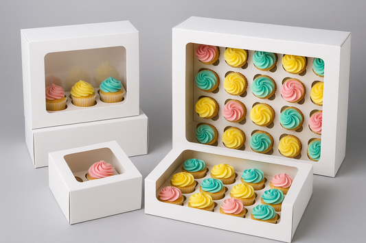 Present and protect your individual cupcakes and collections with our essential range of Cupcake Boxes. Made from sturdy card with transparent windows, these boxes offer optimal display while ensuring safe transport. Available in sizes from 1-hole to a full 24-hole caterer's box, each one includes secure inserts that hold your creations perfectly in place, preventing shifting and damage. This is the professional solution for all your cupcake sales and gifting needs.