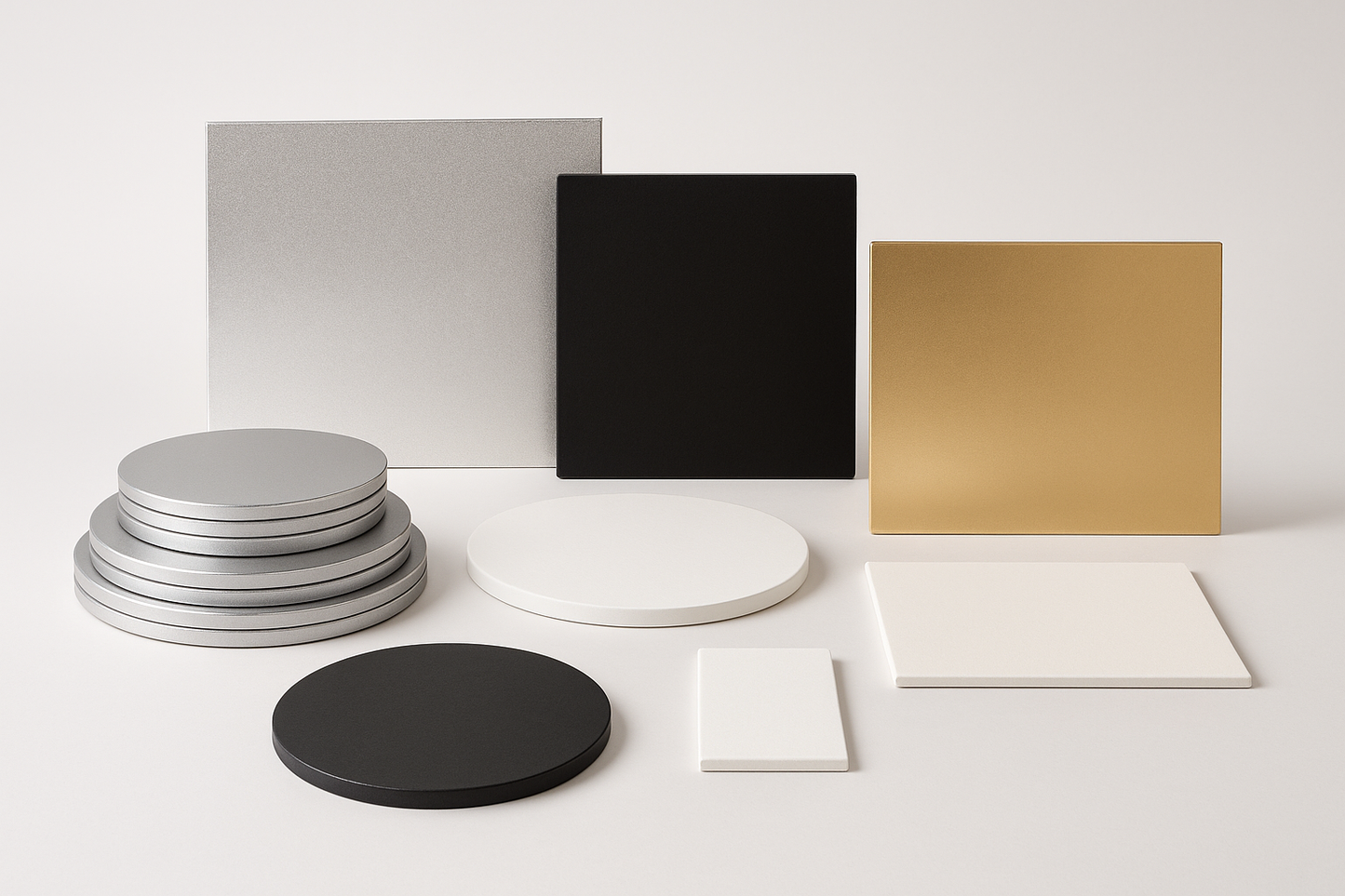 Securely transport and present your cakes with our foundational collection of Standard Cake Boards. Crafted with a sturdy 2.5mm thickness, these durable boards provide a reliable, non-bending base for all your creations. Available in a range of classic colors and shapes, they offer a clean, professional, and low-cost solution for bakers needing dependable support.