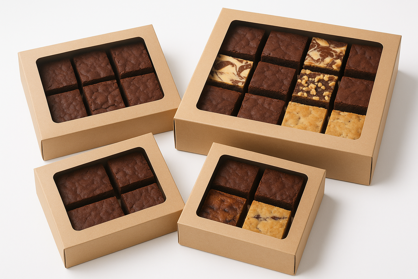Showcase your delicious brownies, dessert bars, and various square-cut treats with our collection of Brownie Boxes. These practical boxes feature a transparent window for beautiful retail display and are crafted from sturdy card for secure transport. The key is the open, insert-free interior, which provides versatile space to package customized assortments, fudge, or dessert slices without constraint.